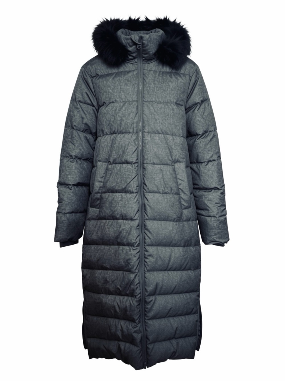 Lands' End Long Quilted Puffer Coat with Faux Fur Trim - Charcoal